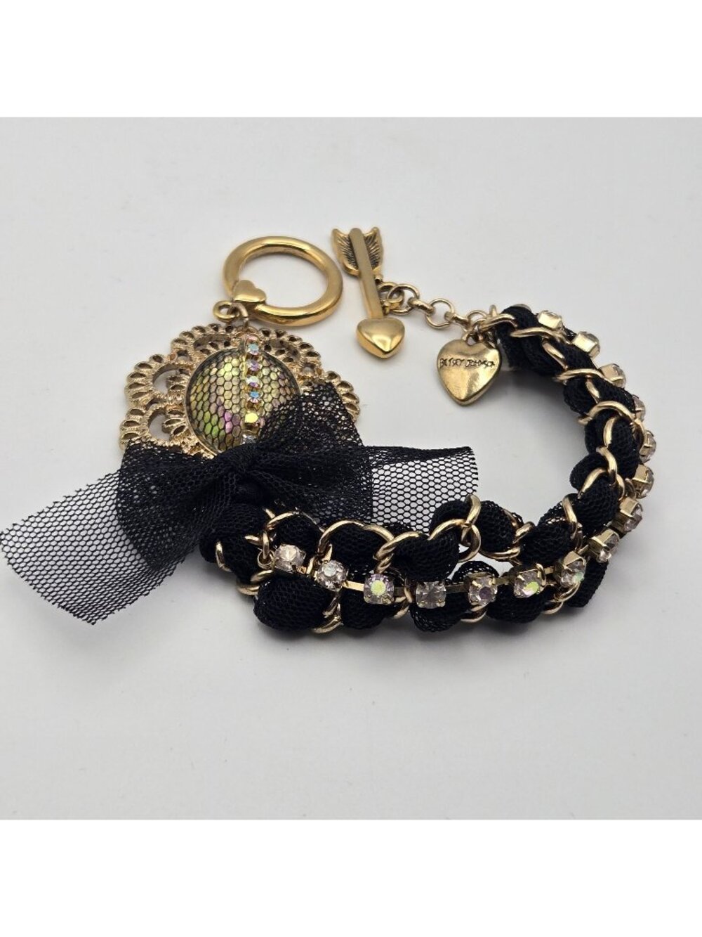 Betsey Johnson Gold Black Bracelet Rhinestones Mesh Bow Accent